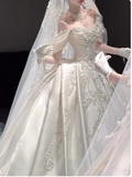 Off-the-shoulder Ball Gown White Wedding Dress Satin Beaded Bridal Dress Elegant Bridal Gown HZ1024