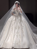 Off-the-shoulder Ball Gown White Wedding Dress Satin Beaded Bridal Dress Elegant Bridal Gown HZ1024
