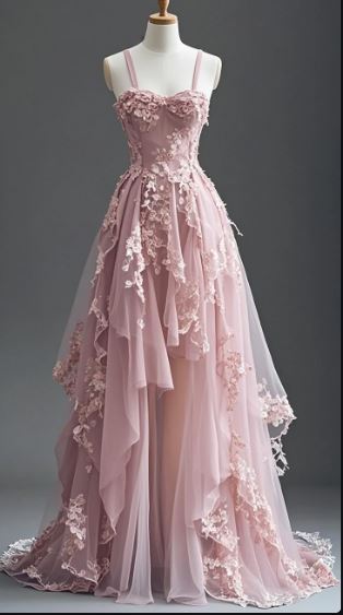 Fairytale A-line Hi-Lo Prom Dress for Masquerade ?Tulle&Lace Applique Spaghetti Strap Evening Dress HZ1024