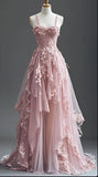 Fairytale A-line Hi-Lo Prom Dress for Masquerade ?Tulle&Lace Applique Spaghetti Strap Evening Dress HZ1024