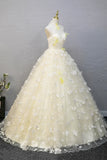 Halter Neckline Tulle Floor Length Prom Dress, off-white A-Line Evening Formal Dress HZ1024